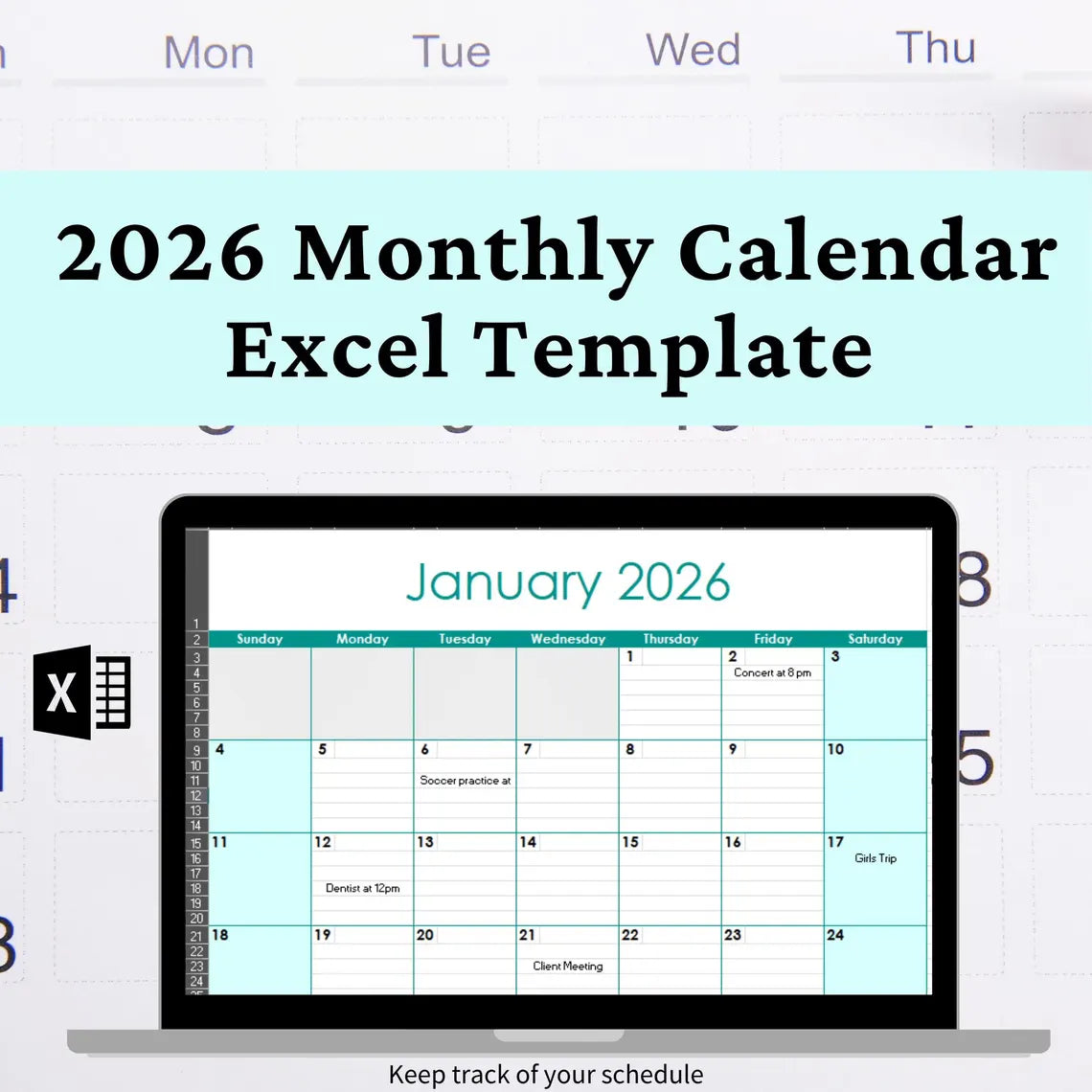 2026 Monthly Calendar Excel Template: Editable Planner